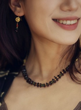 屿棠天然石榴石加玉金工手作黄铜链条设计师Q项链中国风百搭首饰