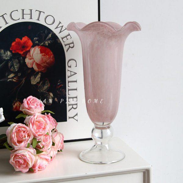 中古藕粉法式复古琉璃花瓶高脚花朵手工花器高级轻奢插花装饰摆件,家居饰品,花瓶,淘宝优惠券,粉丝福利购,淘宝优惠卷