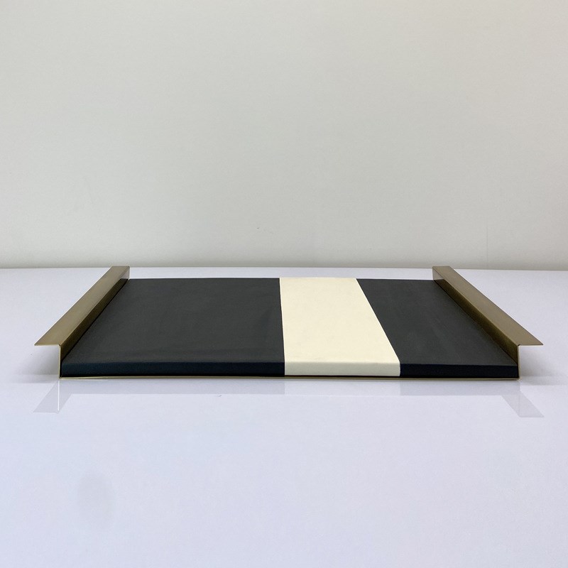 现代简约长方形撞色托盘PU皮金属把手托盘样板房T客厅创意软装饰