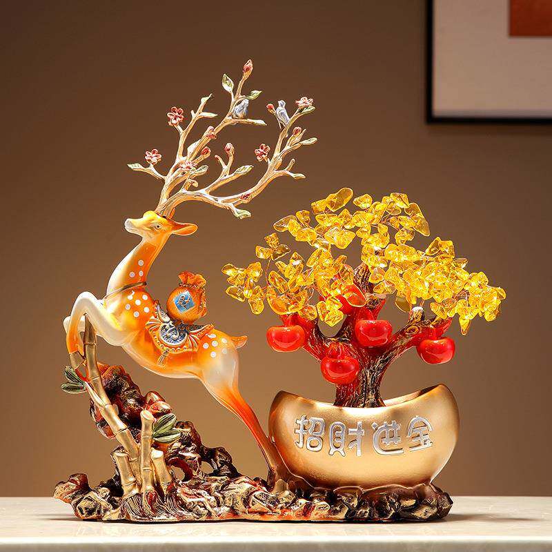 元宝发财树糜鹿摆件创意新中式工艺品客厅玄关酒柜电视柜装饰