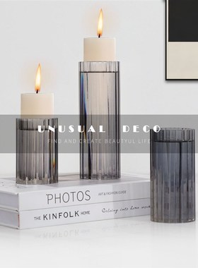 现代轻奢烟灰色水晶蜡烛台烛光晚餐样板间餐O桌餐厅家居装饰品摆