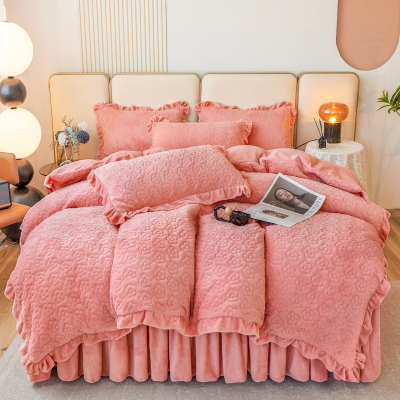 牛奶绒四件套床裙床笠式二u合一全夹棉加厚加绒被套保暖珊瑚绒冬