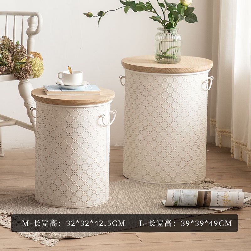 法式覆古做旧铁艺收纳边几小户型客厅F沙发储物角几奶油风实木桶