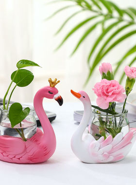 创意绿萝水培插花小摆件可爱x天鹅动物办公室书房桌面透明玻璃装