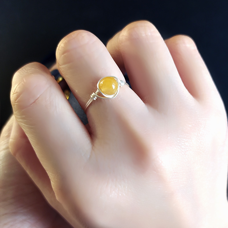 【招财转运】黄玉999足银手工戒指女细款胖P手大号小指简约尾戒