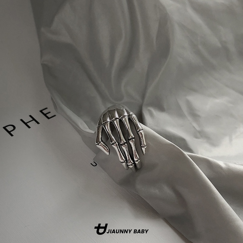 通体S925银五指手爪手掌开x口指环暗黑街头复古男女同款潮情侣戒