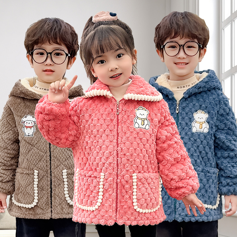 新款三层夹棉罩衣儿童加厚加绒时尚家居服外套男女童W冬季保暖护