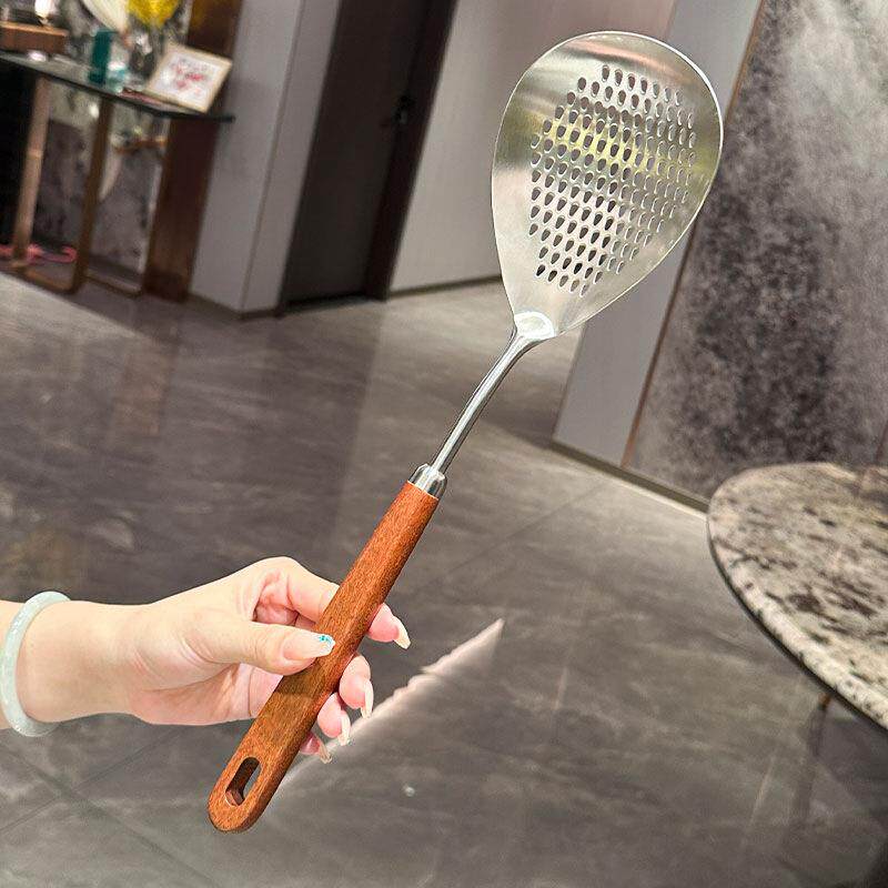 304不锈钢漏勺家用木柄防烫捞面勺厨房油炸火锅捞勺加长花椒漏勺