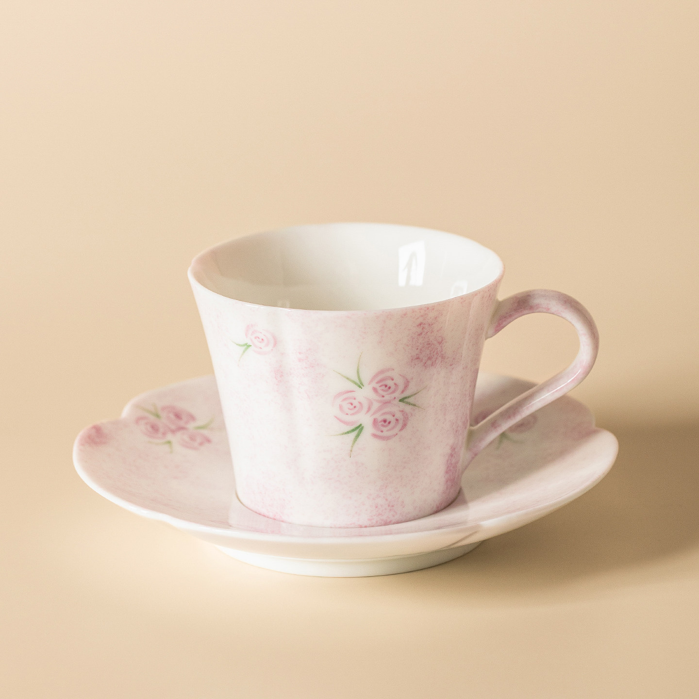 右汝170ml手绘粉玫瑰花边咖啡杯