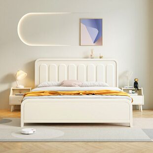 奶油风实木床卧室双人2米x2米大床1米8高箱箱体储物床白色全榉木