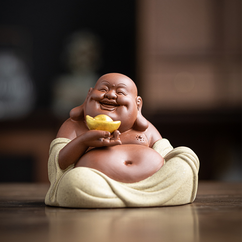 紫砂招财弥勒佛茶宠精品r手工大肚佛茶玩茶道茶桌茶台禅意人物摆