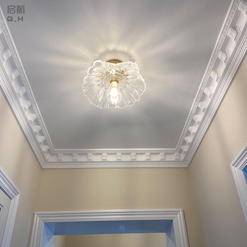 玄关过道灯纯铜日式简约走廊阳台楼D梯衣帽间入户式玻璃荷叶吸顶