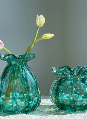 复古绿色洒金花边荷包福袋纯手工琉璃迷你小型桌面插花器家居摆件