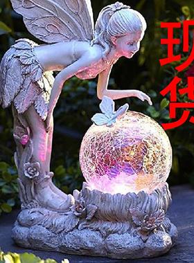 独立站花仙子树脂摆件户外花园天使女孩雕塑太阳能发光装饰品道具