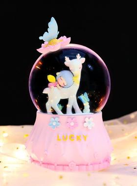 新款一鹿有你少女心创意水晶球音乐八音盒女孩与鹿情人节心意礼品