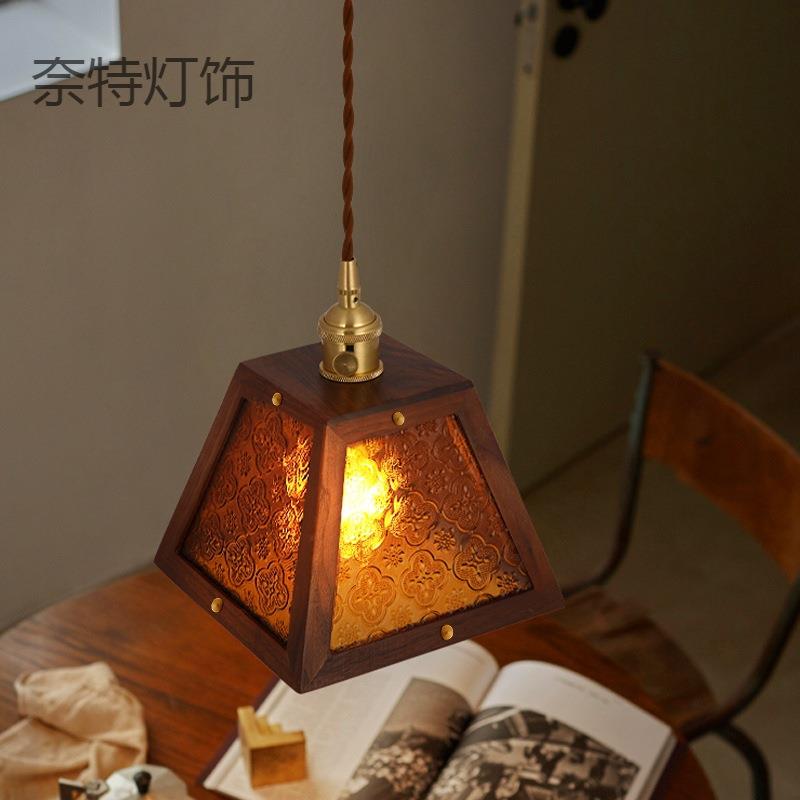 复古老上海彩色花纹海棠玻璃胡桃木床头卧室吧台餐厅走廊过道吊灯