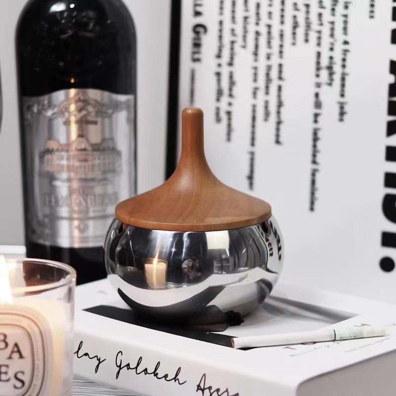 不锈钢木盖烟灰缸大号家用客厅办公室烟缸防飞灰摔加厚银色烟盅