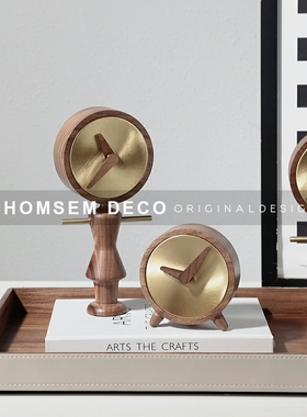 欧式轻奢创意原木时钟摆件客厅玄关书房卧室O床头柜座钟桌面软装