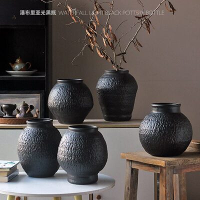 复古黑色肌理感手工创意干支陶罐花瓶插花器摆件民宿酒店软装饰品