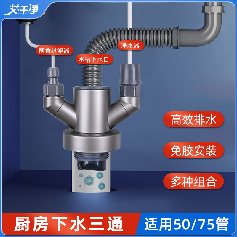 艾干净C3厨房下水管排水三头通厨卫水槽净水器多功能接头防臭神器