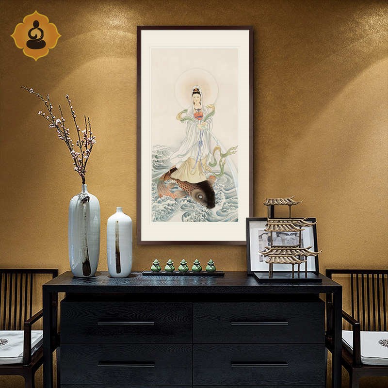 工笔人物宣纸国画鲤鱼p观音菩萨画像书房玄关中式画框卷轴画轴挂