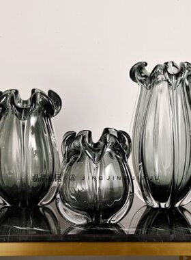 现代简约灰色玻璃插花瓶透明水养中式装饰品客厅摆件高端大气家居