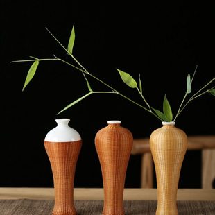 手工竹编梅瓶花瓶摆件陶瓷干花装饰品餐桌茶室禅意绿植容器颗存水