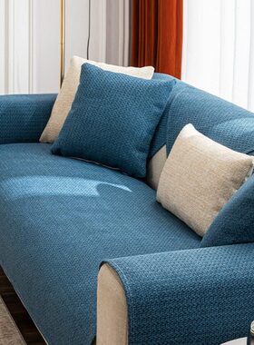轻奢棉麻沙发垫四季通用防滑沙发巾盖布皮沙发套坐垫湖蓝色墨绿色