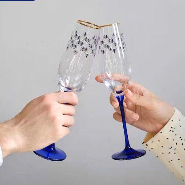 俄皇LOMONOSOV玻璃酒具钴蓝网纹系列香槟杯结婚送礼红酒对杯礼盒