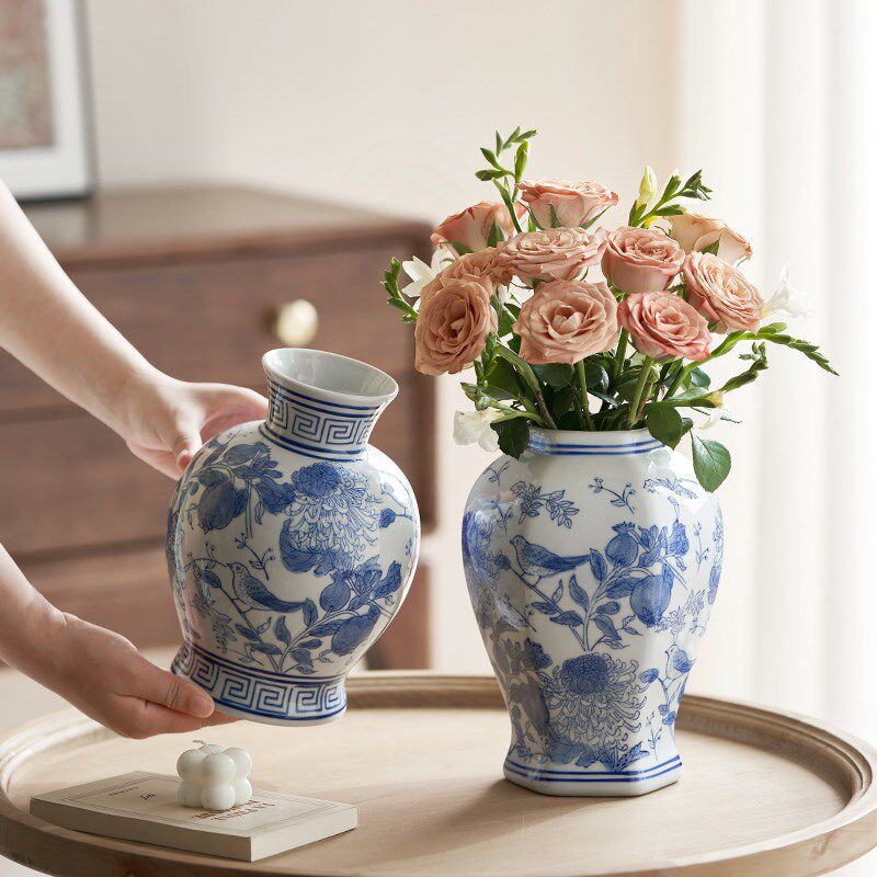 高级感新中式青花瓷复古陶瓷花瓶摆件水培插花R瓶客厅茶几桌面花