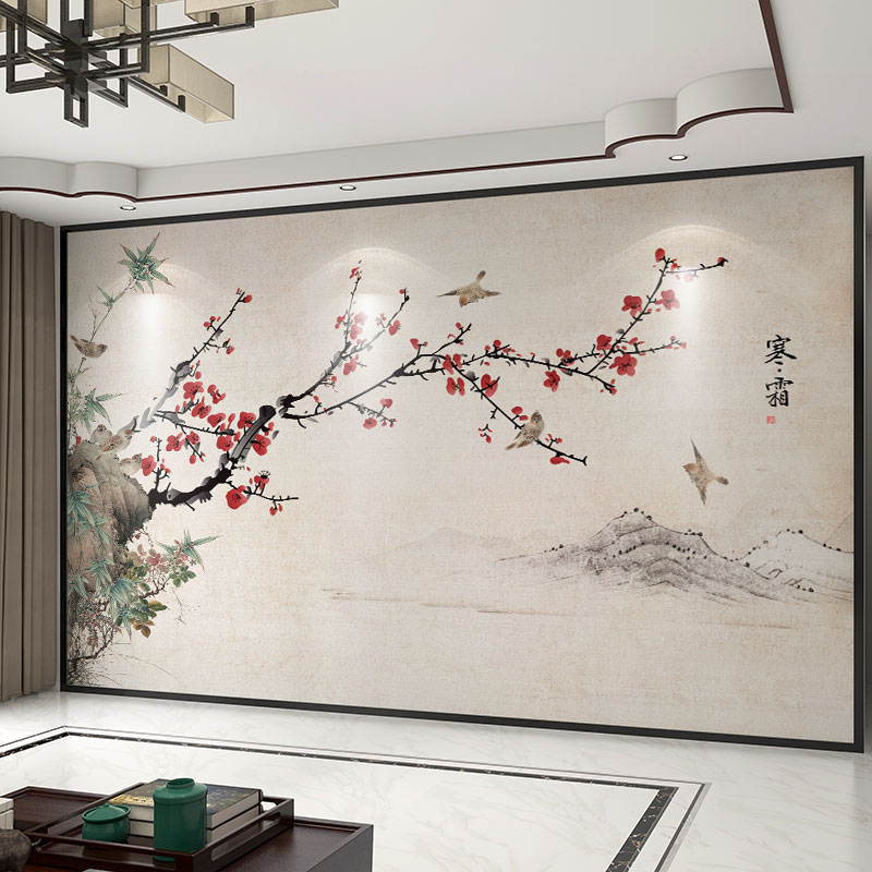 墙纸定制3d立体中式梅花电w视背景墙壁纸客厅花鸟壁布装饰墙布壁