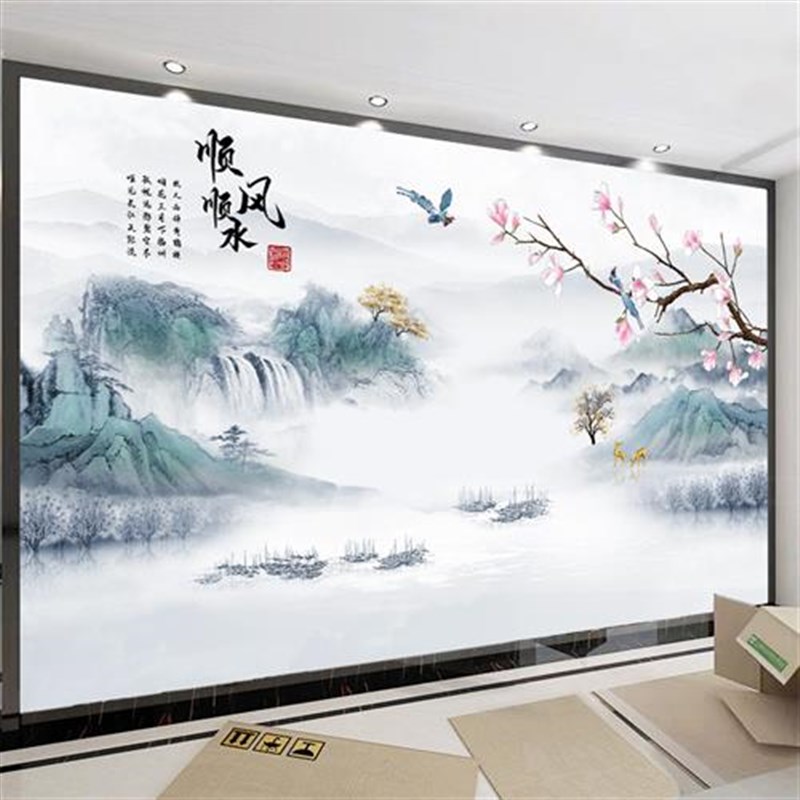 电视背景墙壁纸新k中式3D立体壁画山水画客厅壁布8d影视墙布定制