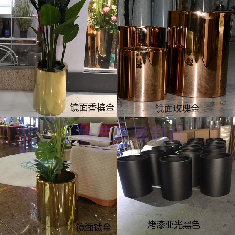 不锈钢花瓶 电镀绿植套盆 圆筒落地金属N花器 圆柱形花盆现货