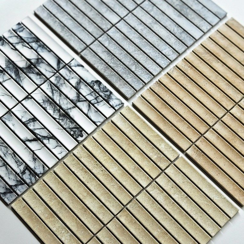 米黄色仿石纹长条马赛o克洞石月牙面餐厅酒吧吧台背景墙包柱子瓷