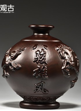 黑檀木雕八骏雄风花n瓶摆件马到成功客厅插花装饰家居实木质工艺