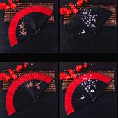 一把 真丝竹骨书简舞蹈扇子跳舞青花瓷红黑色梅花礼品女小折扇 包邮