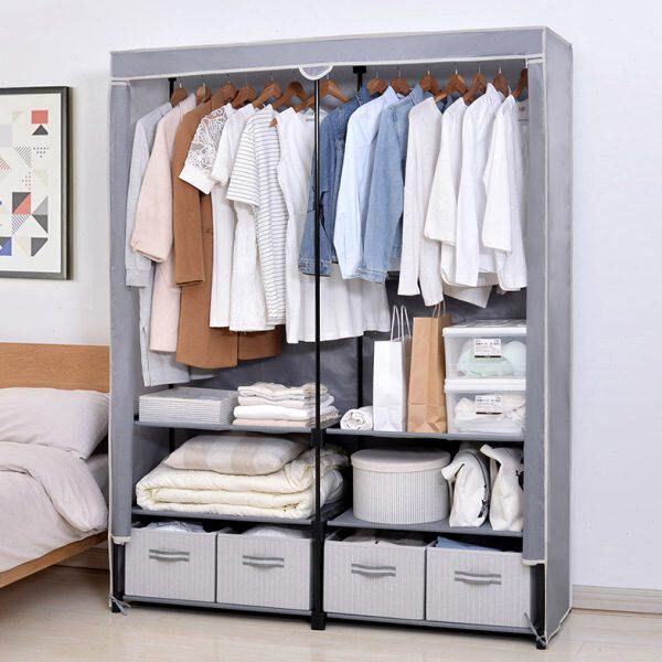 简易衣柜家用卧室加固加粗单人布衣柜挂衣柜带抽屉组装衣橱