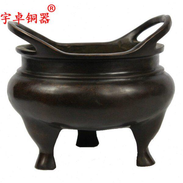 宇卓铜器 纯铜元宝口高腿香炉紫铜色香炉工艺品摆件黄铜香炉