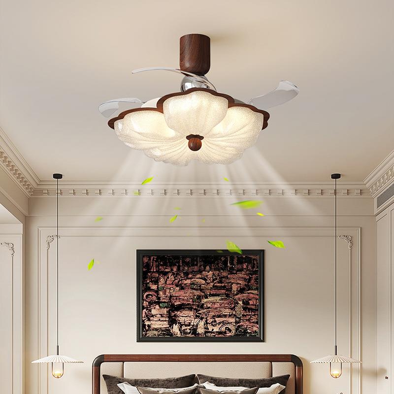 中古卧室风扇灯房间静音吊扇灯复古奶油餐厅风扇灯新中式吸顶灯