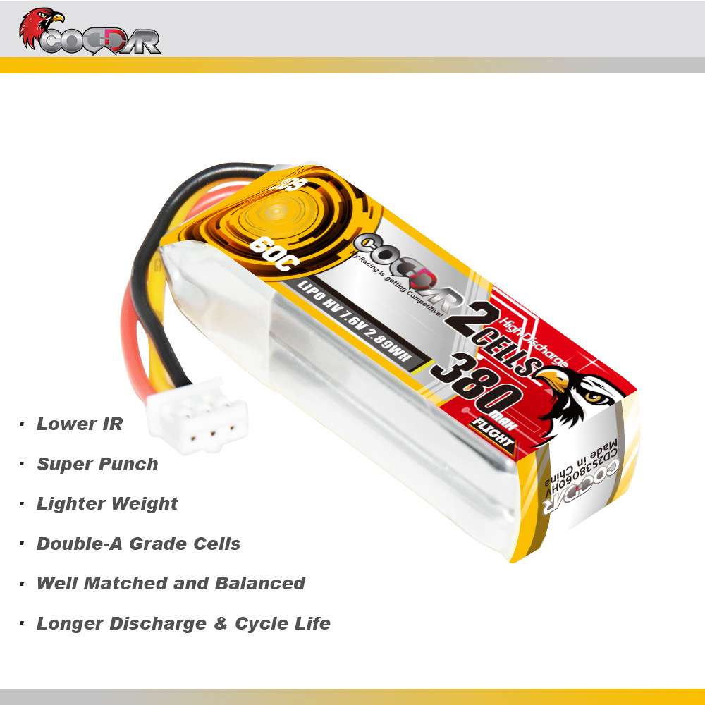 鹰氪CODDAR 380MAH 2S 7.6V 60C HV 标准蚊车1:28锂电池 PH2.0 3P