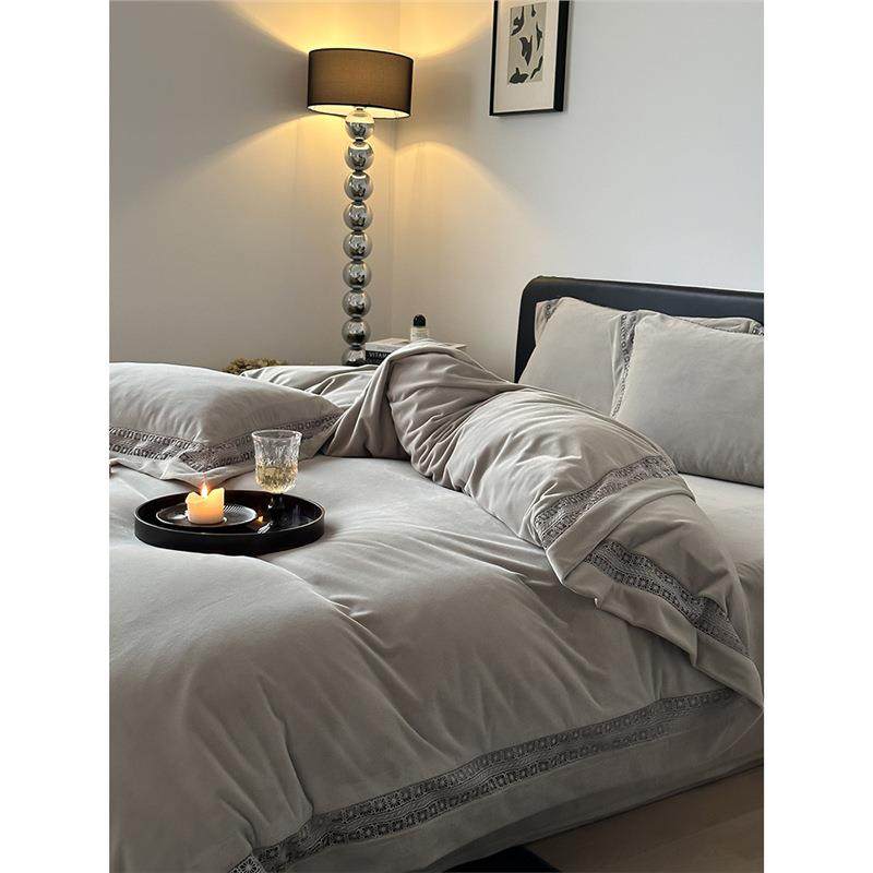 冬季加厚宝宝绒1.2m四件套轻奢风纯色镂空边保暖被套床品紫白灰色