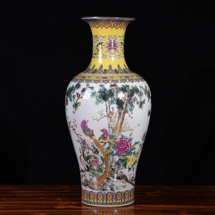 仿古中式描金粉彩牡丹百鸟朝凤鱼尾瓶落地大花瓶玄关家饰客厅摆件