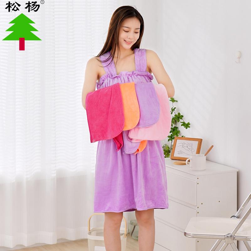 秋冬新款吊带浴裙女成人可穿超细纤维浴巾干发帽速干柔软吸水浴袍