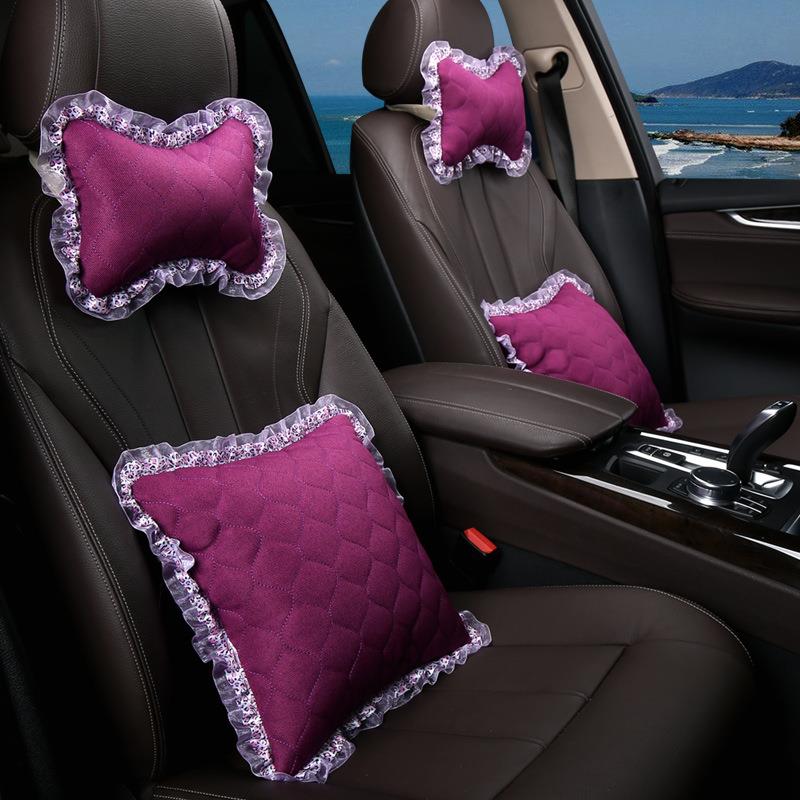 汽车抱枕腰靠头枕四件套棉布亚麻四季通用透气座椅靠背垫套装