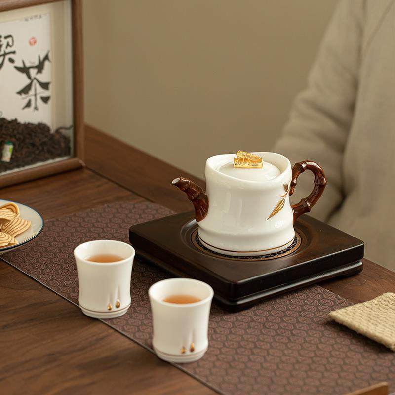 冰种羊脂玉瓷手工浮雕竹节描金茶壶茶杯套装泡茶壶品茗杯送礼套装
