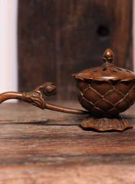 纯铜手工仿古实心紫铜茶宠小物件 手持莲花熏香炉手把件 茶道摆件