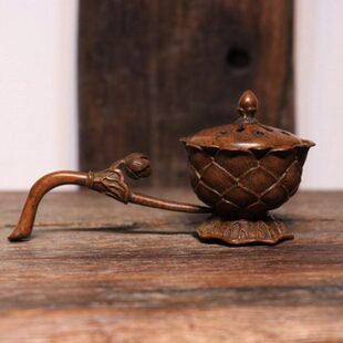 纯铜手工仿古实心紫铜茶宠小物件 手持莲花熏香炉手把件 茶道摆件