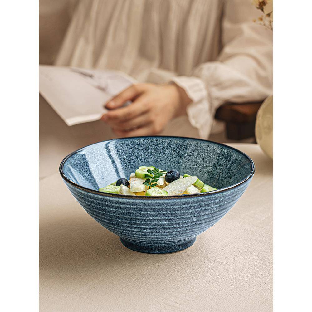 创意螺纹8英寸拉面碗家用陶瓷汤碗复古斗笠碗商用大号吃面碗