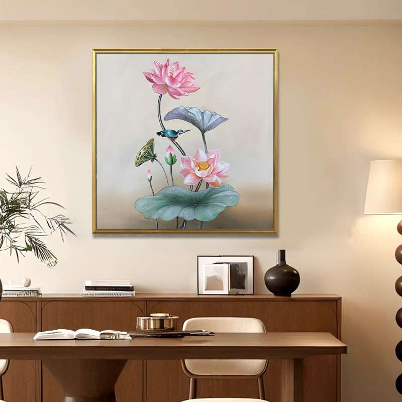 大芬手绘油画荷花餐厅装饰画玄关挂画新中式简约卧室床头壁画挂画图片