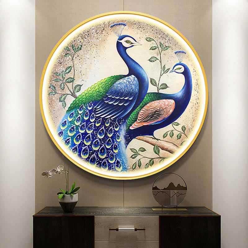 手绘油画挂画玄关装饰画现代简约餐厅圆形画壁画孔雀发光灯画图片